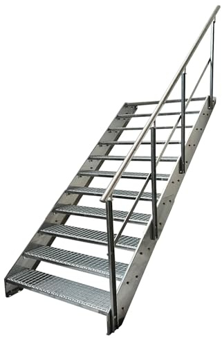 Kaminbau Mierzwa Premium Stahl Treppe mit Geländer rechts komplett Verzinkt / 11 Stufen (Breite 800 mm) (Höhe 209 cm) Wetterfest Gitterroststufe Gartentreppe