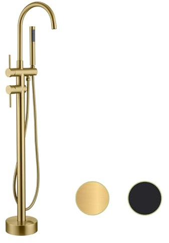 Freestanding Tub Faucet Floor Mount Tub Fillers, Senhozi Brushed Gold Free Standing Tub Faucets, Mixer Tap Two Handle Gold Freestanding Bathtub Faucet with Hand Shower, SE-3001-BG