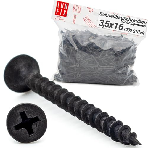 Lun Fix Schnellbauschrauben 3,5 x 16 mm (1000 Stk) Grobgewinde | Schwarz Rigipsschrauben für Gipskartonplatten Trockenbauschrauben Mit Gipskartonschrauben Gipsplattenschrauben