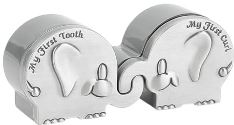 FINGERINSPIRE 2 scatole per ricordi con scritta Erste Locke und mein erstes Zahn, in argento anticato, con denti di elefante, per bambini, battesimo, doccia