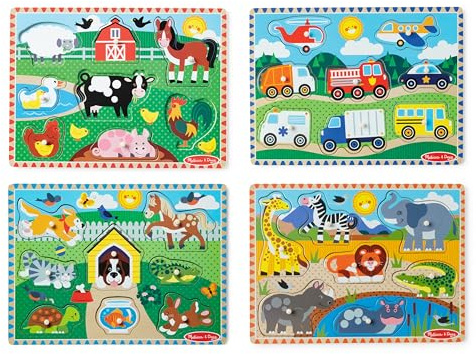 Melissa & Doug Wooden Peg Puzzle Set – 4-Pack Vehicle, Farm, Safari & Pet Animal Themes – Educational Puzzles for Toddlers and Preschoolers Ages 2+
