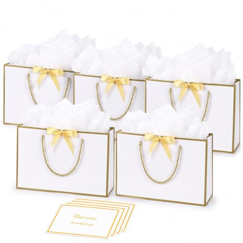 Geschenktüte mit Schleife, 5 Stück Papier Geschenktüten mit 5 Taschentuch und 5 Karten, Geschenktüten mit Griffen für Geburtstag, Hochzeit, Festivalfeier, Weihnachten