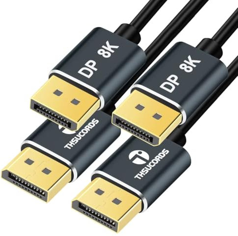 Thsucords Câble DisplayPort 2M Lot de 2, Certifié Ultra Fin & Flexible Cable 8K 4K Displayport 1.4, Supporte 8K@60Hz, 4K@120Hz,32.4Gbit/s,pour Moniteur Gaming,PC, Carte Graphique