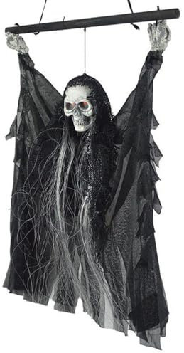 Halloweendeko LED Silberhaariger Geist Hängedeko mit Sound Skelettgeist Horror Sensenmann Beleuchtet Geist Hängedekoration Gruselig Skelettdekoration Halloween Deko für Innen Außen Garten Schwarz