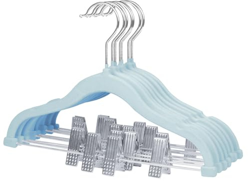 MangoKit Cintres pour Enfants avec Pinces Mobiles，Set of 7 Baby Velvet Hangers ，Non- Slip Kids Clothes Hangers, 0.5 CM Thick Ultra-Thin Space-Saving for Pants, Skirts, Dresses(30cm,Bleu)