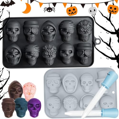 Homefantasy 2 Stück Totenkopf Schokoladenform, 3D Totenkopf Backform, Schädel Silikonform mit 2 Dropper, für Süßigkeiten, Schokolade, Gelee, Eiswürfel