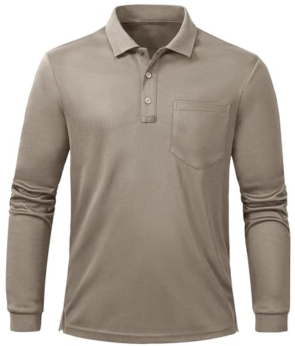 Tyhengta Polo Tops Herren Langärmelige Golfhemden Schnell Trocknendes Outdoor Polo T-Shirt Lässige Sport Rugby Polo Shirts Khaki,M
