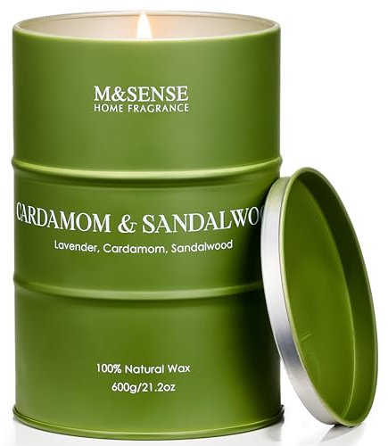 M&SENSE Kardamom Sandelholz große Duftkerzen mit Sojawachs sauber brennende Kerzen 600g 130 Stunden lang anhaltend Entspannende Aromatherapiekerzen Weihnachtskerze Geschenkskerzen für Männer