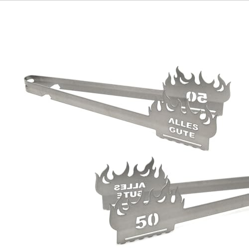 Grill-Zangen.de Grillzange, Motiv, 50, Spülmaschinenfest, Geschenk zum 50. Geburtstag, Silber, 310mm, 1 Stück, Edelstahl