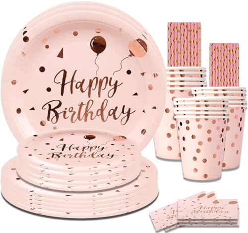 80pcs Pink and Rose Gold Birthday Theme Tableware Set - 20 Guest Party Supplies With Paper Plates, Cups, Napkins, Straws