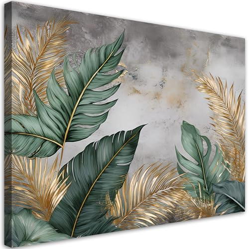 Feeby Viles - Leinwand Bilder - Goldene und Grüne Blätter - 90x60 cm - Deko Wohnzimmer - Wandbilder Schlafzimmer - Deko Aesthetic - Wand Deko - Leinwand Groß - Deko Zimmer - Leinwandbilder XXL