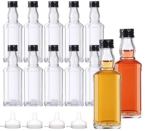 YBCPACK12 Stück Kleine Glasflaschen zum Befüllen 100ml leer Likörflaschen | Kleine Schnapsflaschen mit Schraubdeckel, Trichter, Perfekt für Eierlikör, Schnäpse und Säfte