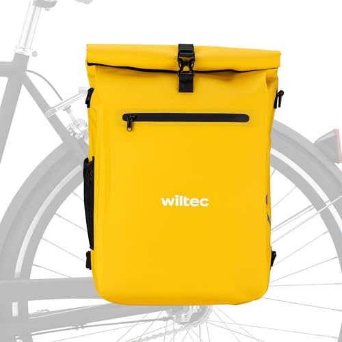 Wiltec Borsa per bici 4in1 25 l gialla, impermeabile, montaggio al portapacchi posteriore, scomparto laptop, elementi riflettenti