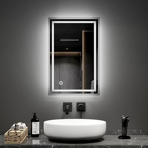 EMKE Bathroom Mirror with LED Lights, 40 x 60 cm Illuminated Wall Mounted Vanity Mirror, Backlit Bathroom Mirrors with Dimmable/Anti-fog/Touch Switch, Hardwired, IP44