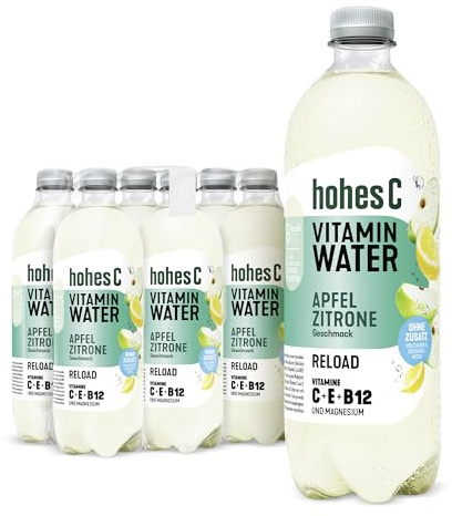 hohes C Vitamin Water Reload Apfel & Zitrone (6 x 750ml), Magnesium für die Muskeln, Vitamin C & B12 für mehr Energie + Vitamin E, nur 6kcal/100ml, ohne Zuckerzusatz & Süßungsmittel, vegan