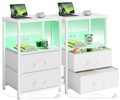 Rolanstar Beistelltisch mit LED-Beleuchtung, Nachttisch mit 2 Schubladen, USB-Anschluss & versteckter Steckdose, Sofatisch für Schlafzimmer und Wohnzimmer, Weiß 2pcs