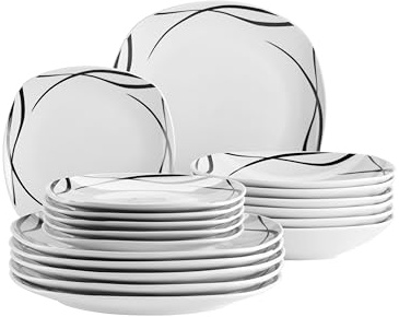 MÄSER Serie Decora, Teller Set für 6 Personen, 18-teiliges Essgeschirr in eckiger Form, elegant, zeitlos, Porzellan, Weiß