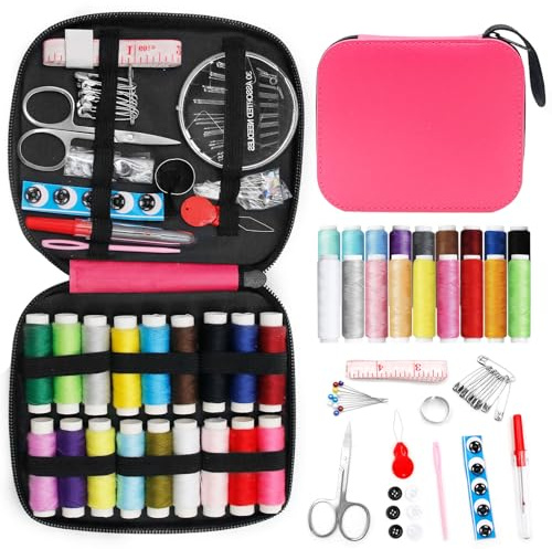 Kit de couture de voyage, équipement de base, comprend du fil à coudre, des aiguilles, des ciseaux, des accessoires de couture, des boutons, etc., kit de couture pour adultes (Rose-86 pièces)
