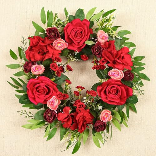 Künstliche Blume Kranz für Haustür, Frühlingskranz Künstlicher Dekokranz, Türkranz Frühling Außen Rosen Pfingstrosen Blumenkranz für Zuhause Wände Fenster Festivals Hochzeiten (Rot-45cm)