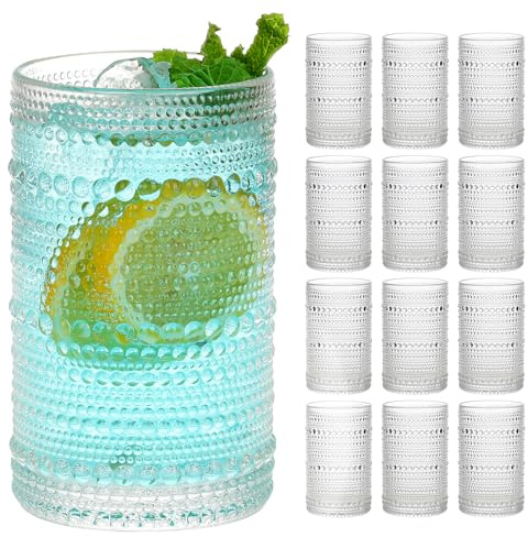 Moretoes Drinking Glasses Set of 12,12 Oz Hobnail Highball Glasses Clear Embossed Boho Water Glass Cups Kitchen Bar Tumbler Glassware Set for Whiskey, Beer, Juice, Milk and Various Mixed Drinks