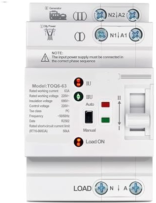 Interruptores selectores eléctricos de transferencia automática de potencia dual pequeños LN 220V, ininterrumpidos, 2P, 63A, TOQ6, 1 unidad