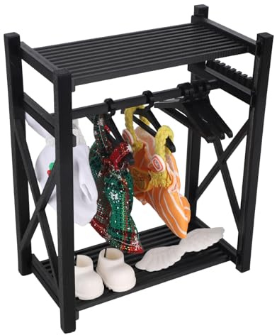 Doll Closet Wardrobe, Plastic Clothes Storage Organizer and Display Rack with 10 Mini Hangers Detachable Dollhouse Furniture for Fashion Doll Clothes Accessories and Gifts (Black)