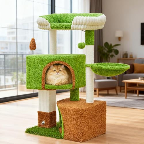 Woochpet 106,7 cm großer Kratzbaum mit Zwei großen Katzenhäusern, Einer gemütlichen Hängematte, Sisalseil und übergroßer Plattform (grün) (Grun)