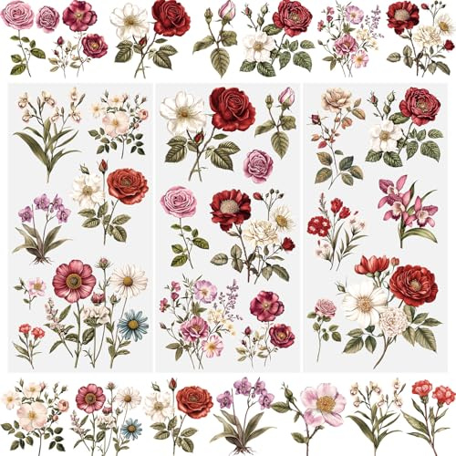 WANDIC 3 Bögen Aufreibbare Transfer-Aufkleber für Möbel, Transfer-Aufkleber-Abziehbilder Vintage Rotes Blumenmuster-Design, für DIY-Dekoration Scrapbook-Projekte Verpackung Kreative Bastelprojekte, 15