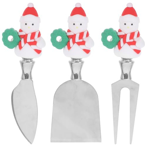 GRIRIW Juego de 3 Piezas Cortadora y Tenedor para Queso en Bloque de Acero Inoxidable Utensilios Navideños Diseño de Muñeco de Nieve Cortador Manual para Loncha de Queso y Mantequilla