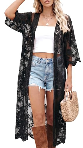 Funnysoft Kimonos for Women Lace Cardigan Swimsuit Cover up Summer Kimono Cardigan Open Front Sheer Long Boho Coverup(Black,1 Pack)
