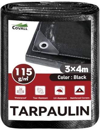 COVALL Lona Impermeable Negro 3x4 m, 115 g/m² Polietileno Alta Densidad, Resistente al Desgaste, Rayos UV y Desgarros, con Ojales, para Camping, Jardín y Vehículos