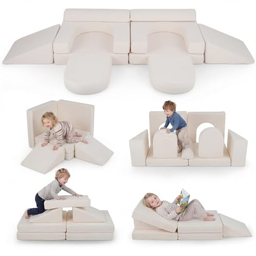 COSTWAY Modulär lekbänk, 10 delar, barnbänk utfällbar med avtagbar och tvättbar klädsel av mocka, skumbyggstenar för barnrum, barnbänk för barn från 3 år (beige)