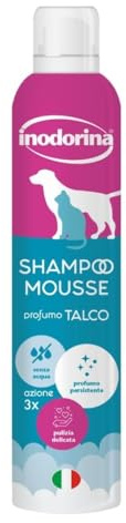 INODORINA Champú para Perros en Seco de Talco 300ml. Champú en Seco para Gatos y Cachorros Espumoso sin Sulfatos, Silicona, ni Parabenos para la Piel y Pelaje