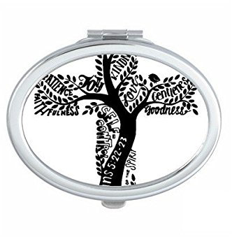 DIYthinker Religion, Christentum, Glaube, Kirche, Schwarz Heilig-Kreuz-Baum-Blätter Kultur Design Kunst Illustration Muster Oval Compact Make-up Taschenspiegel Tragbare Nette kleine Handspiegel