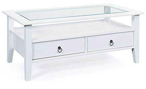 Inter Link - Table basse - Table en bois massif - Table de salon - Table basse - Pin massif - avec plateau verre - 2 tiroirs teintés blanc - 115 x 60 x 45 cm - Provence 7