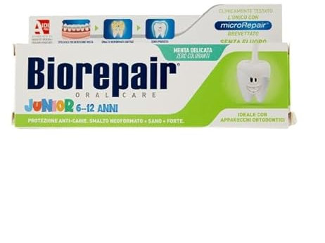 Biorepair, Dentifrice Junior 6-12 ans, 6 paquets de 75 ml, Dentifrice pour enfants sans fluor, avec vitamine E, antioxydant, pour gencives saines, rafraîchissant goût menthe