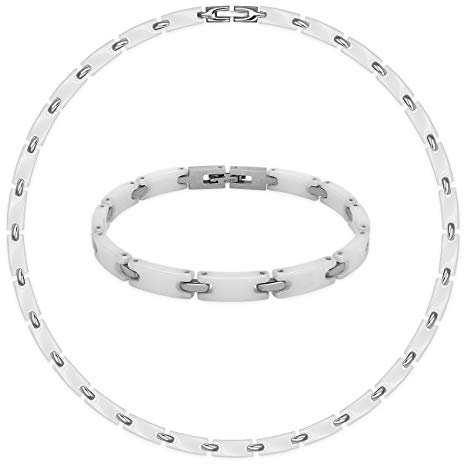 Soul-Cats Set Collier und Armband aus Keramik und Edelstahl in weiß Silber