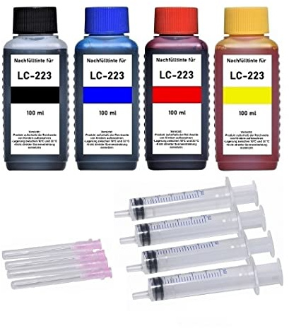 Inkpro Tintenpatronen Nachfüllset - 4 x 100 ml Premium Nachfülltinten zum Befüllen der Druckepatronen LC-221, LC-223, LC-225, LC-227, LC-229 - je 100 ml Black, Cyan, Magenta, Yellow