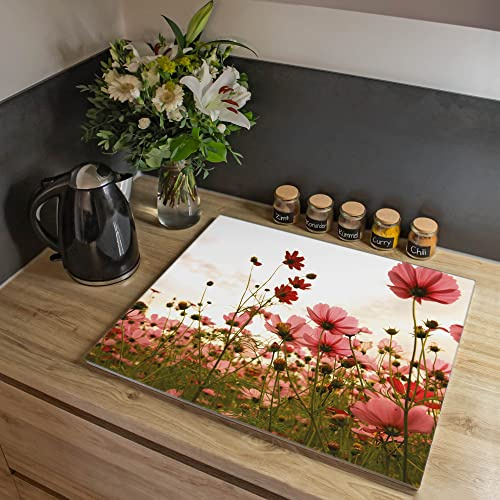 banjado Kochfeldabdeckung Glas mit Blumen und Pflanzen Design frisch 60x52 cm einteilig, hitzebeständige Herdabdeckplatte mit Gumminoppen, Schneidebrett für Küche und Ceranfeld, Motiv Schmuckkörbchen