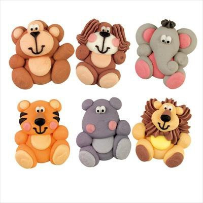 ANIMALS Sugar Edible Icing Flat 2D Cake Toppers set of 6 Elephant Lion Tiger Monkey Hippo
