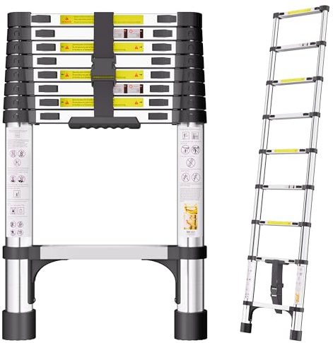 Telescopic Ladder, 2.6M Stainless Steel Ladders Extendable, Loft Ladder | Ladder with Non-Slip Feet and Triangle Support, Thickened High-Strength Folding Ladder for Roof Attic Caravans