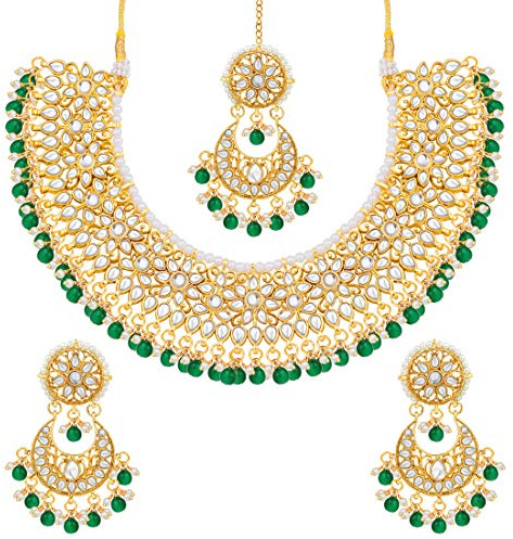 Aheli Faux Kundan Beads Strand Necklace Earrings Maang Tikka Traditional Fashion Statement Bharatanatyam jewellery Set Gift for Women