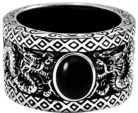 ForFox Schwarz 925 Sterling Silber Doppelt Drachen Ring mit Stein Vintage Chinesischer Drachenring Schmuck für Herren Damen Größe 58-68