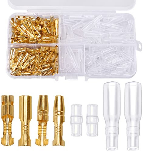 YIXISI 200 Piezas 3.9 mm Kit de Conectores de Bala de Bullet de Latón Terminales de Cable Macho y Hembra Conector con Cubierta de Aislamiento, para Automóviles, Barcos, Instrumentos Eléctricos, Dorado