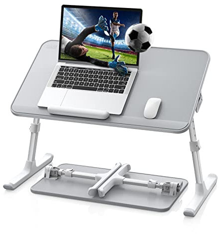 SAIJI Laptoptisch fürs Bett, einstellbare Höhe, Neigungswinkel, Laptoptisch mit klappbare Beine, Rodelfüße, Tischplatte aus PVC-Leder, Kompatibel mit Laptops bis zu 17 Zoll (Grau, 52 * 30cm)