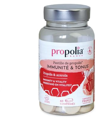 PROPOLIA - Comprimés Tonus & Immunité - Complément alimentaire Système immunitaire - Propolis & Vitamine C (Acérola) - Goût fruits rouges - Fabriqués en France - 60 comprimés à croquer