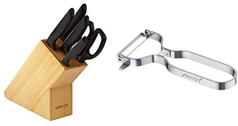 Arcos Serie Niza Juego de Cuchillos de 5 piezas (4 Cuchillos + 1 Tijeras), Hoja de Acero Inoxidable NITRUM + Gadgets Profesionales, Pelador de Frutas Pelador de Verdura
