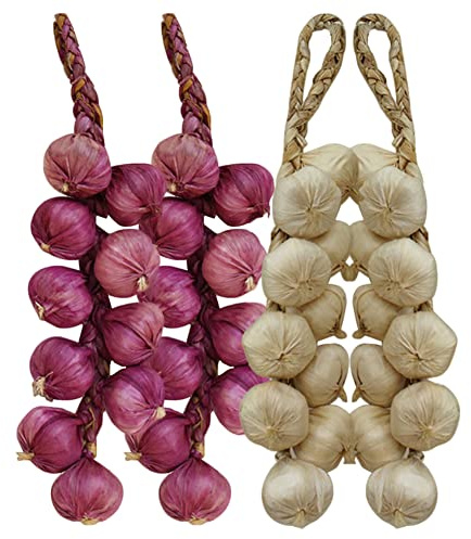 ISAKEN Juego de Frutas Artificiales, Decoración Realista de Verduras Falsas, Ajo Blanco 2 Manojos + Ajo Morado 2 Manojos, Decoración Conjunto Foto Accesorios
