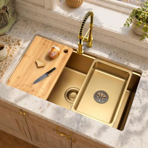 MILOSEN 32 Inch Gold Undermount Kitchen Sink, 32 x 18 Gold Workstation Sinks, Stainless Steel Single Bowl Sink with Custom Accessories, Modern Under Counter Design, 9'' Large and Deep Kitchen Sinks