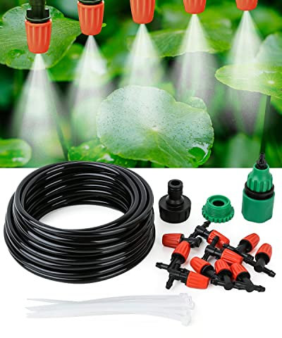 Yulaiyoen Micro Drip Irrigation Kit, Garden Irrigation System Plant Automatic Watering Kit with 32.8ft 1/4inch Blank Distribution Tubing Hose Adjustable Misting Sprinkler Nozzles for Greenhouse Patio